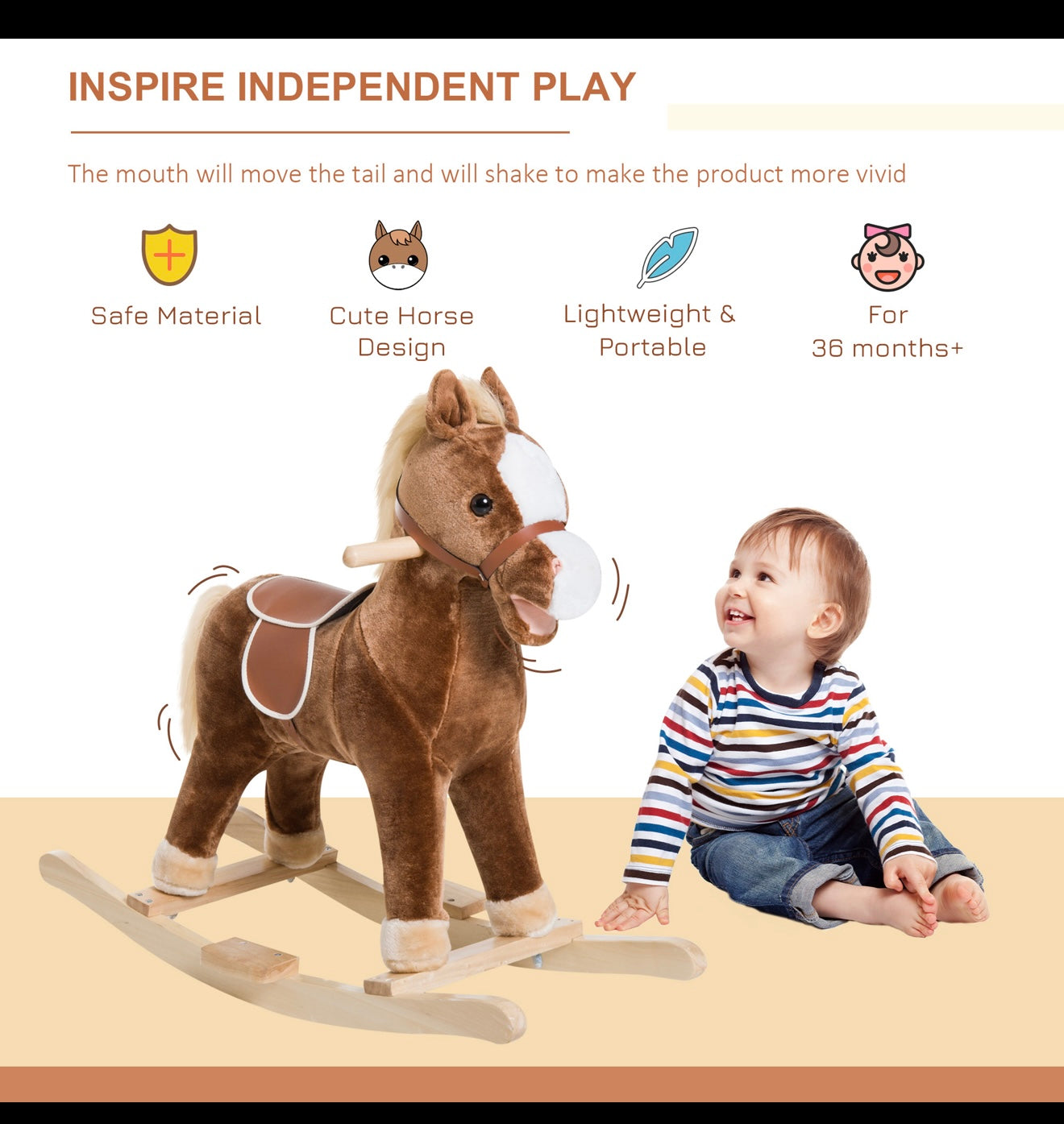 Qaba Kids Ride on Rocking Horse Toddler Plush Toy with Realistic Sounds for 3 Years Old Children