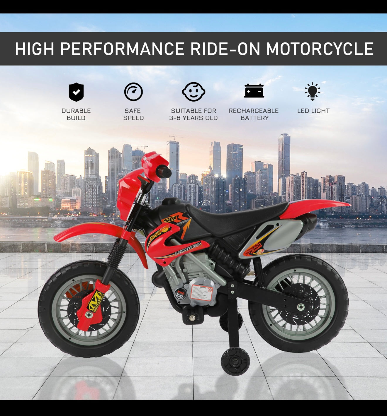 Qaba 6V Kids Motorcycle Dirt Bike Electric Battery-Powered Ride-On Toy Off-road Street Bike with Training Wheels Red