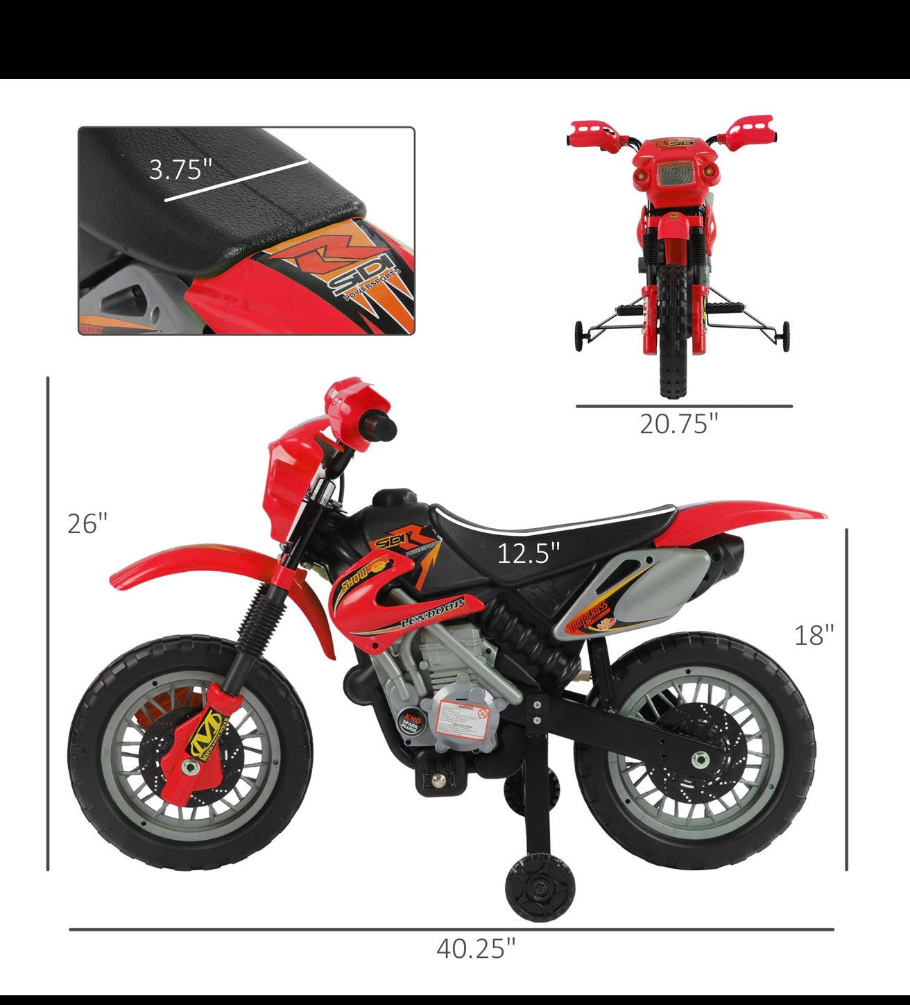 Qaba 6V Kids Motorcycle Dirt Bike Electric Battery-Powered Ride-On Toy Off-road Street Bike with Training Wheels Red