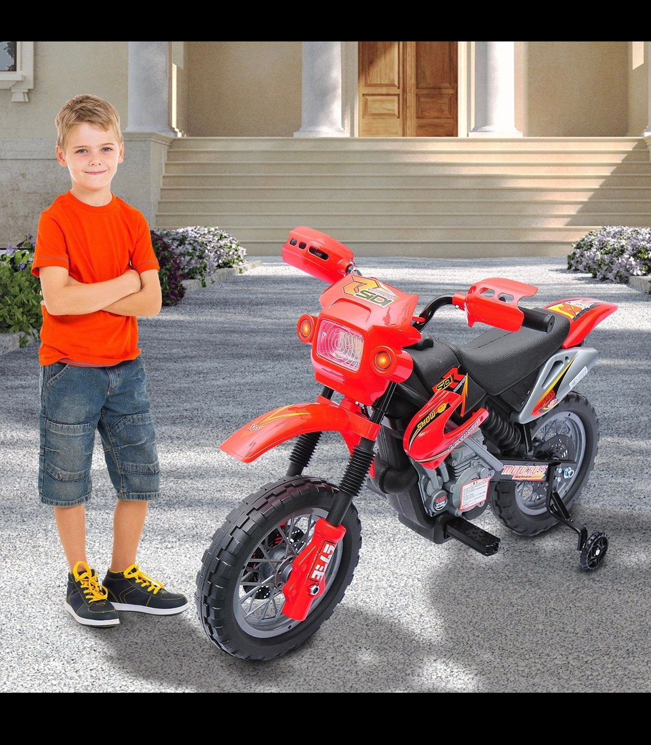 Qaba 6V Kids Motorcycle Dirt Bike Electric Battery-Powered Ride-On Toy Off-road Street Bike with Training Wheels Red
