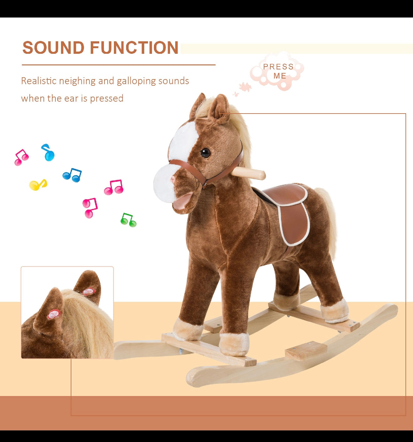 Qaba Kids Ride on Rocking Horse Toddler Plush Toy with Realistic Sounds for 3 Years Old Children