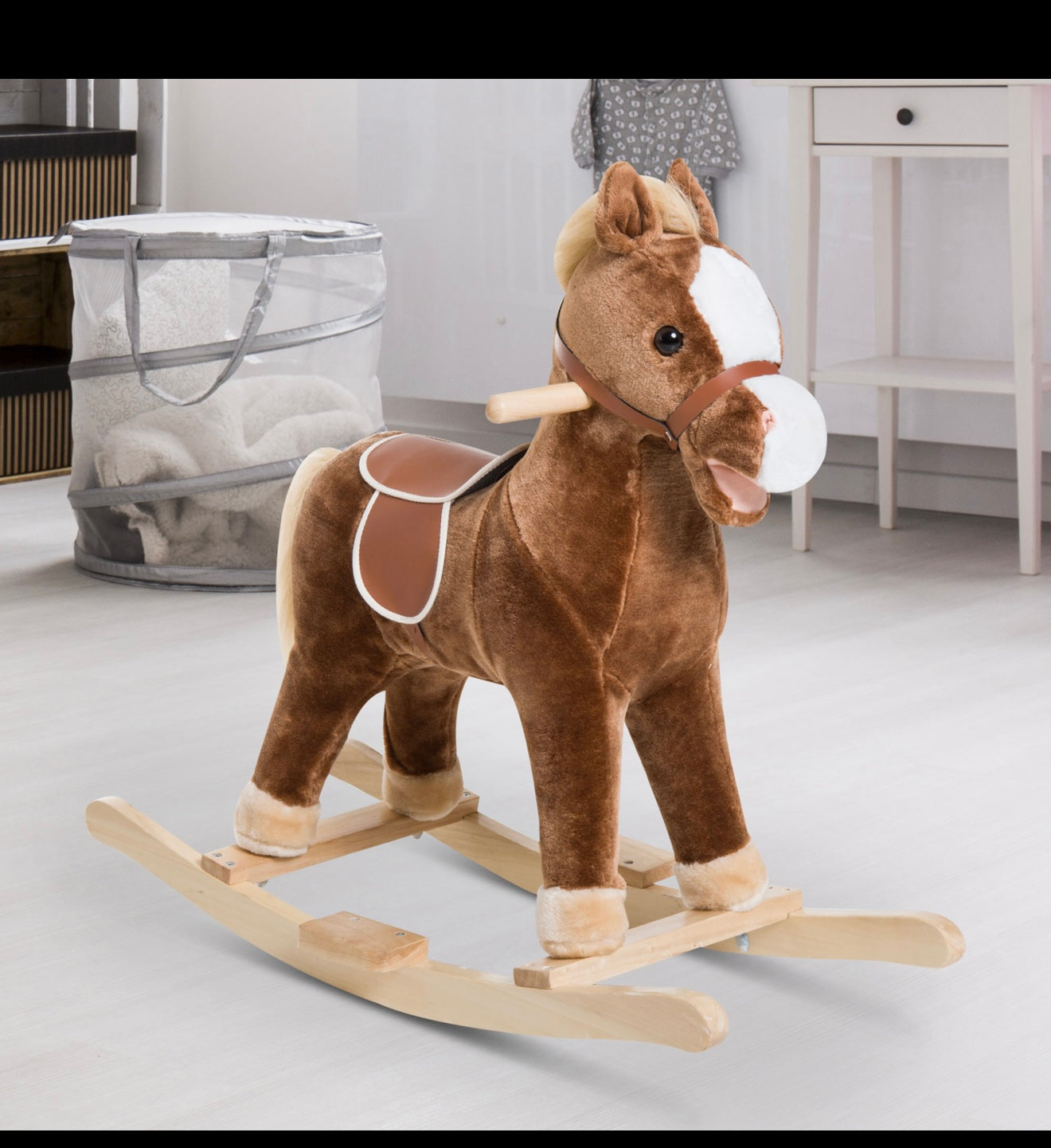 Qaba Kids Ride on Rocking Horse Toddler Plush Toy with Realistic Sounds for 3 Years Old Children